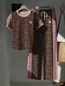 SHEIN EZwear 2件組刺繡圓領短袖上衣與條紋印花長褲，休閒風 - 彩色 - 查看 5
