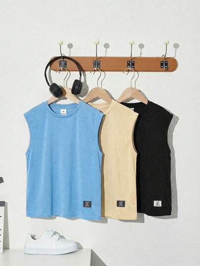 SHEIN 3pcs/Set Rompi Rajut Longgar Tanpa Lengan Gaya Jalanan Kasual Warna Polos dengan Grafis Huruf untuk Anak Laki-Laki Remaja, 3 Warna