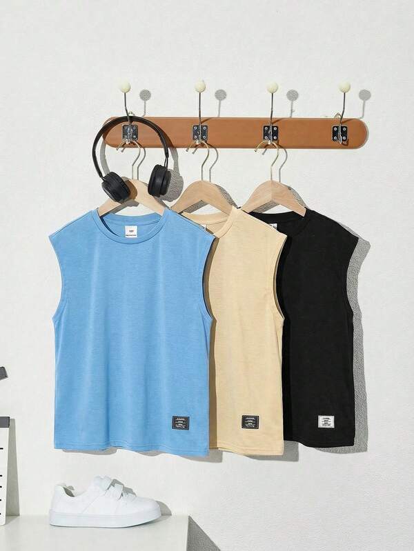 SHEIN 3pcs/Set Tween Boy Casual Street Style Solid Color Letter Graphic Crew Neck Loose Knit Sleeveless Vest, 3 Colors