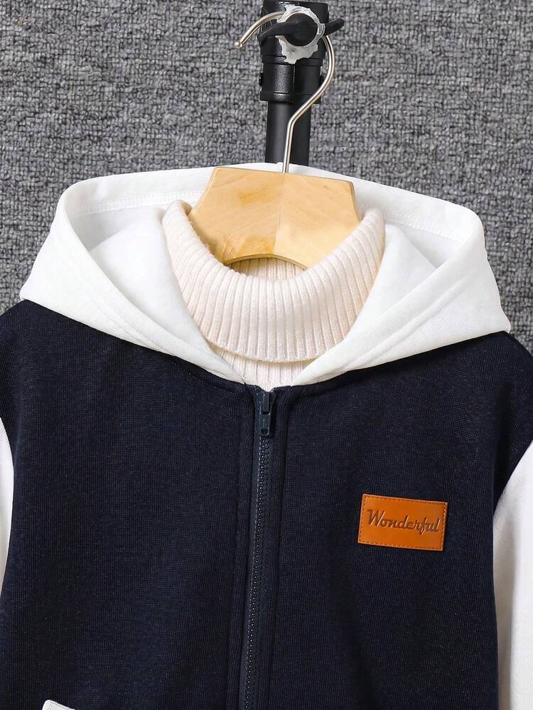 SHEIN Young Boy Casual Versatile Patchwork Colorblock Thick Hooded Jacket, Suitable For Campus Style, Garden Style, Birthday, Autumn/Winter, Halloween, Vintage Style, Young Boys Zip-Up Hoodie, Cute Hoodie, Winter Top, Winter - Multicolor - View 4