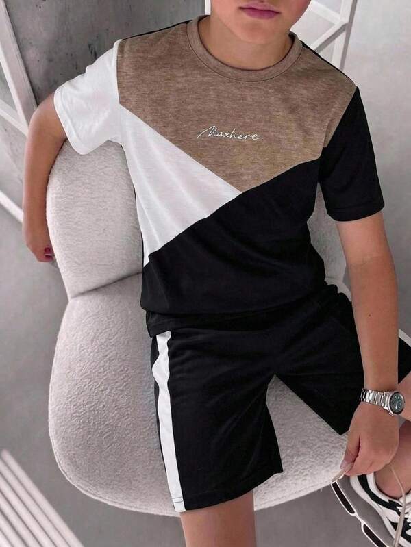 SHEIN 2pcs Kids Tween Boy Casual Daily Versatile Comfortable, Colorblock Letter Print Pattern Crew Neck Loose Fit Short Sleeve T-Shirt And Loose Knit Shorts 2-Piece Set, Suitable For Spring And Summer