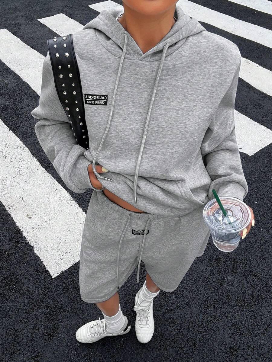 Muchica Women's Fashion Casual Athleisure Sporty Streetwear Hoodie Drawstring Waist Shorts 2 Pieces Set Back-To-School Light Grey Summer Work Gym - Grey - View 1