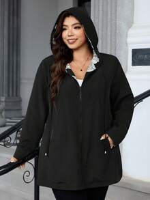 SHEIN Clasi 大尺碼女款優雅夾克，秋冬黑色長袖連帽收腰夾克，附口袋，適合日常穿著 - 黑色 - 查看 4