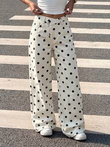 SHEIN Tween Girl Polka Dot Kids Print Asymmetrical Waist Loose Fit Denim Jeans - Multicolor - View 5