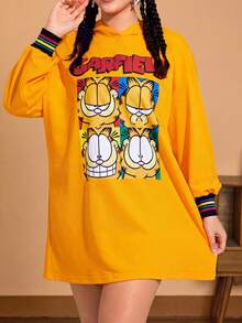 GARFIELD | SHEIN Plus Size Cute Casual Cartoon Letter Graphic Loose Orange Hoodie Dress, Autumn - Yellow - View 1