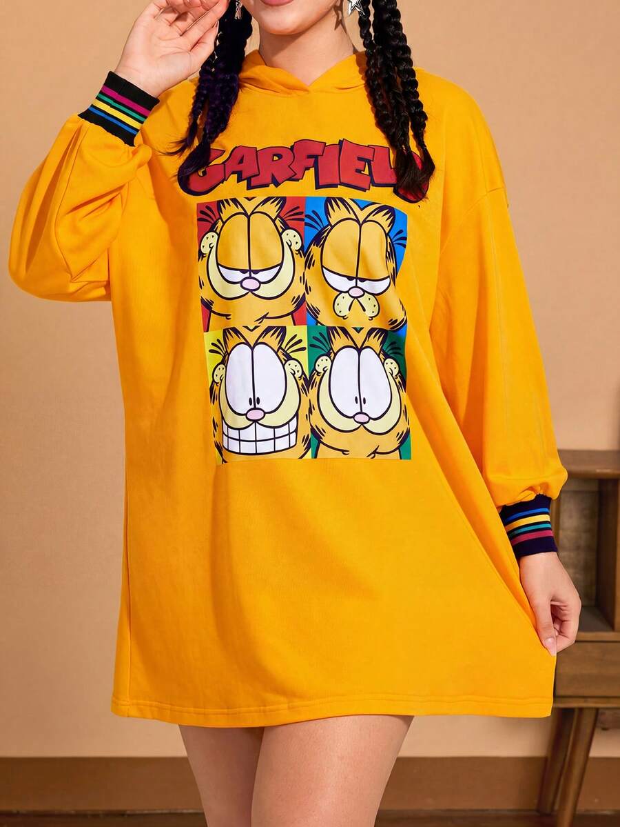 GARFIELD | SHEIN Plus Size Cute Casual Cartoon Letter Graphic Loose Orange Hoodie Dress, Autumn - Yellow - View 1