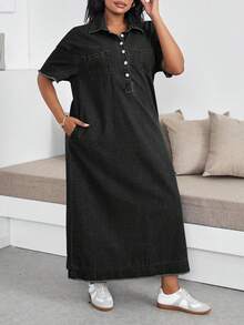 SHEIN Lady Plus Size Denim Dress Casual Short Sleeve Long Blue - Black - View 7