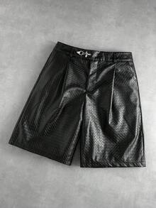 ROMWE MEN Street Life 男士時尚紋理PU短褲，腰部扣環設計 - 黑色 - 查看 5