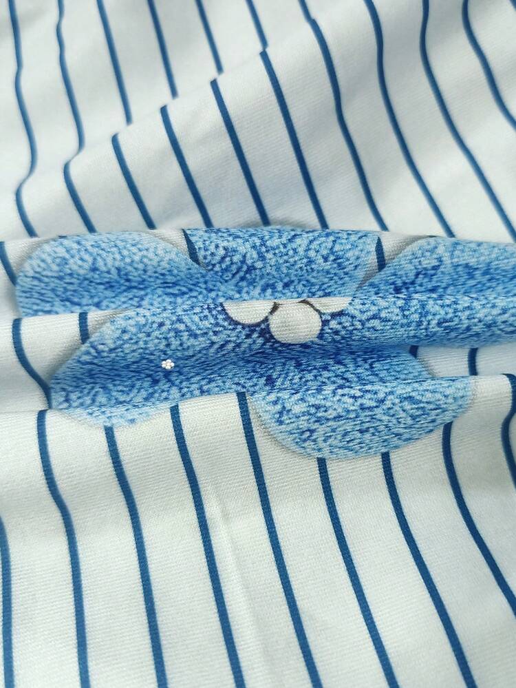 SHEIN 女款U領細肩帶前口袋綁帶條紋3D花卉數位印花休閒無袖迷你洋裝，適合通勤上班、商務度假、畢業季、教師節、感恩節、日、日常穿著 - 藍色 - 查看 8
