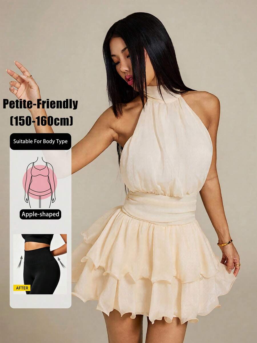 Vivamere Women's Fashion Versatile Elegant Pleated Halter Neck Ruffle Hem Dress,Petite Women Party Cream White Summer