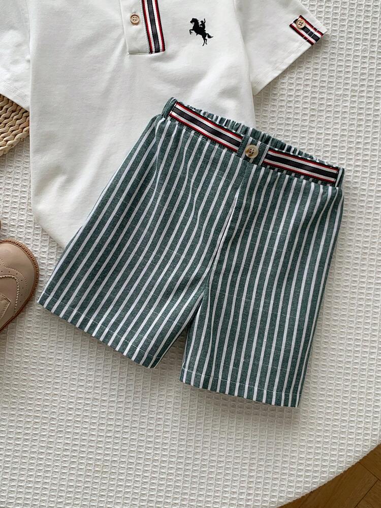 SHEIN Kids Young Boy,Toddler Boy 2pcs Spring/Summer Casual Preppy Short Sleeve POLO Shirt And Striped Shorts Set,White Shirt,Fall Outfit Sets,Back To School - Green - View 5