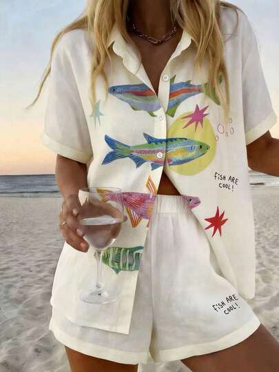 Vaclyn Plus Size Women's Casual Vacation Fashion Fish Pattern Short Sleeve Shirt And Shorts 2-Piece Set