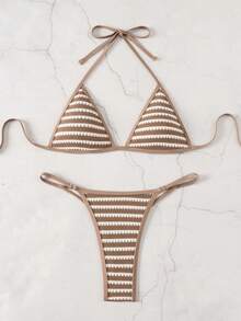 Costavie Women's Summer Beach Vacations Sexy Brown And White Striped Textured  Bikini Set - Brown - View 4