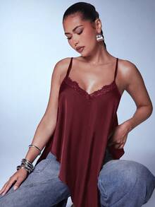 Denimoi Atasan Cami Tanpa Punggung dengan Hem Asimetris, Atasan Seksi untuk Kencan Malam Bersama Teman Wanita, Atasan Makan Malam, Atasan Tanpa Punggung, Cami Renda - Burgundy - View 5