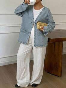 Dazy Plus Jaket Denim Kasual Vintage Wanita Ukuran Plus dengan Tali Pengikat, Model Longgar, Gaya Blogger, Musim Semi/Musim Gugur - Light Wash - View 3