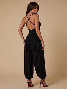 SHEIN BAE Spring/Summer Solid Black Halter Neck Backless Slim Fit Lantern Leg Jumpsuit For Women Night Out Club Sexy - Black - View 5