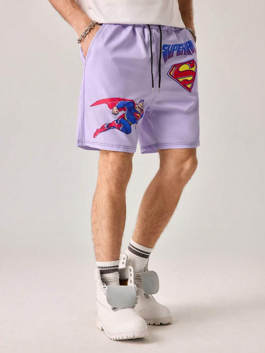 Strevion SUPERMAN 男士休闲印花沙滩短裤 - 紫色 - 查看 1