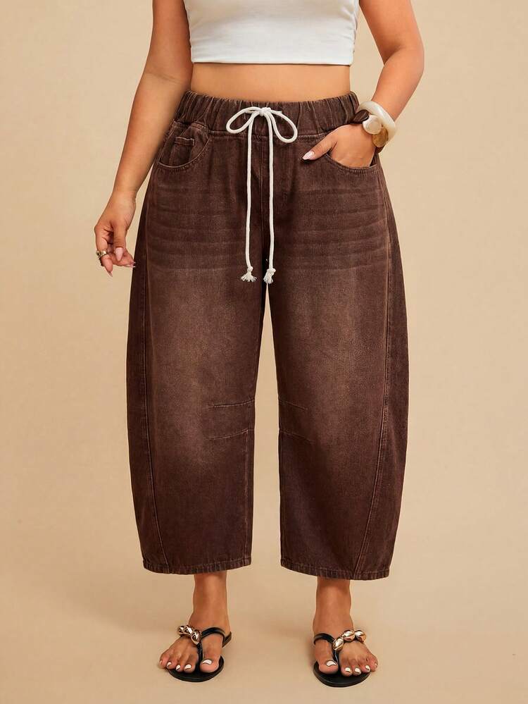 Travachic Plus Size Women's Drawstring Waist Pocket Casual Everyday Denim Jeans Fall/Winter Elegant Vacation Formal Business Cowgirl Festival Ceremony - Brown - View 7