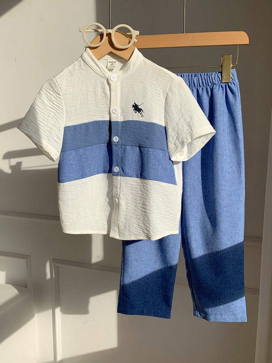 SHEIN 兒童小男孩休閒經典配色拼接領短袖襯衫與純色休閒長褲2件套，襯衫套裝