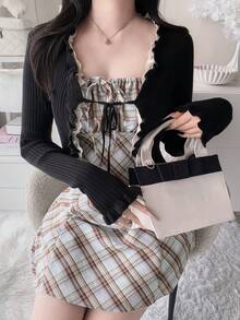FRIFUL Cardigan Feminino de Sobreposição com Manga Longa, Babado e Bloco de Cores, Estilo Coreano Novo para Início do Outono, Top Fofo - Preto - Visão 7