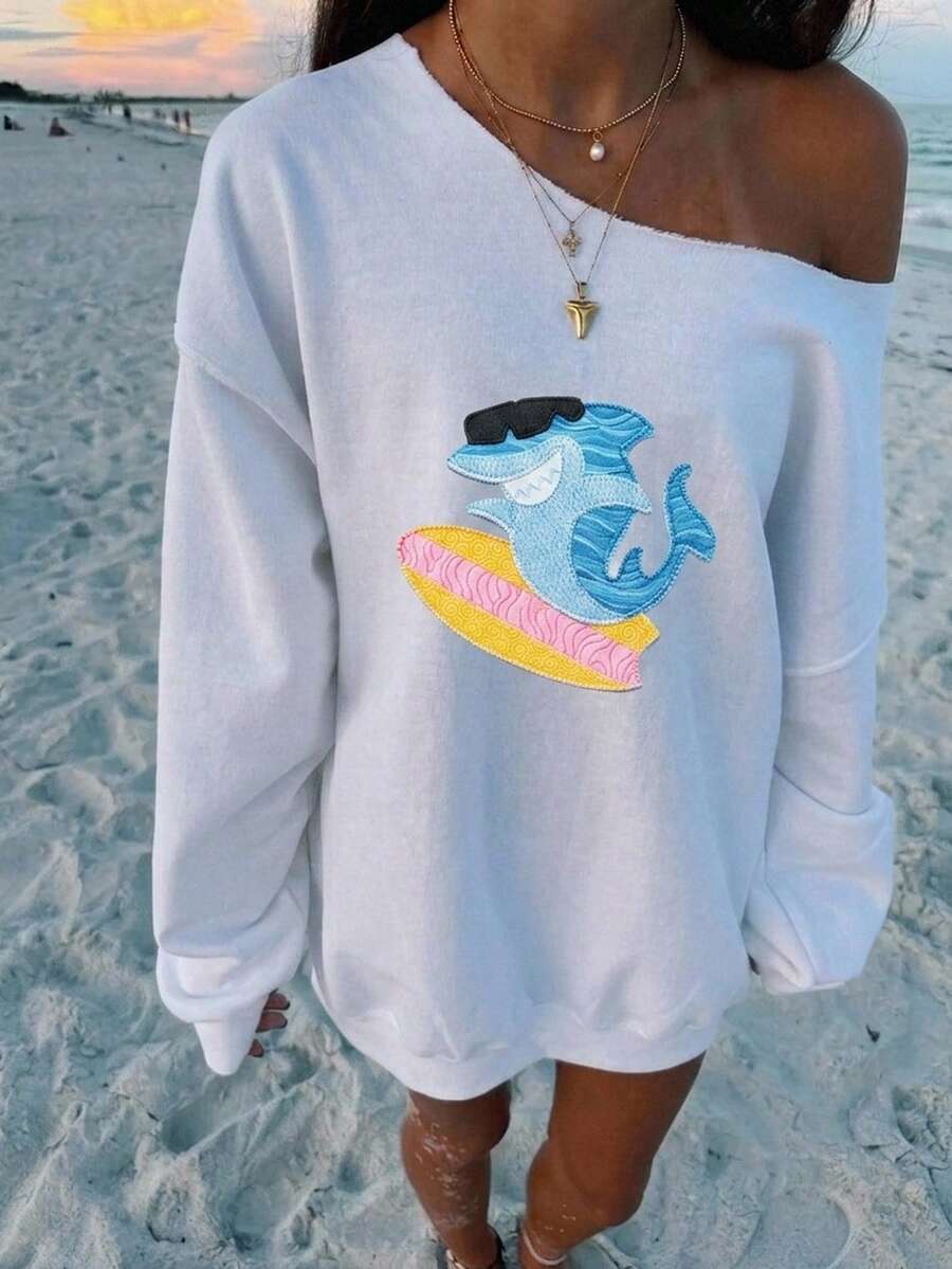 SHEIN EZwear 女款露肩寬鬆休閒長袖運動衫,鯊魚印花,海灘風 - 白色 - 查看 1