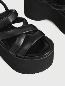 Sugerpunk Sandal wedges kasual dan bergaya untuk wanita dengan ujung terbuka, skema warna gelap bergaya punk gothic, dan gesper pergelangan kaki elastis dari logam. - Malam Bersinar Hitam - View 3