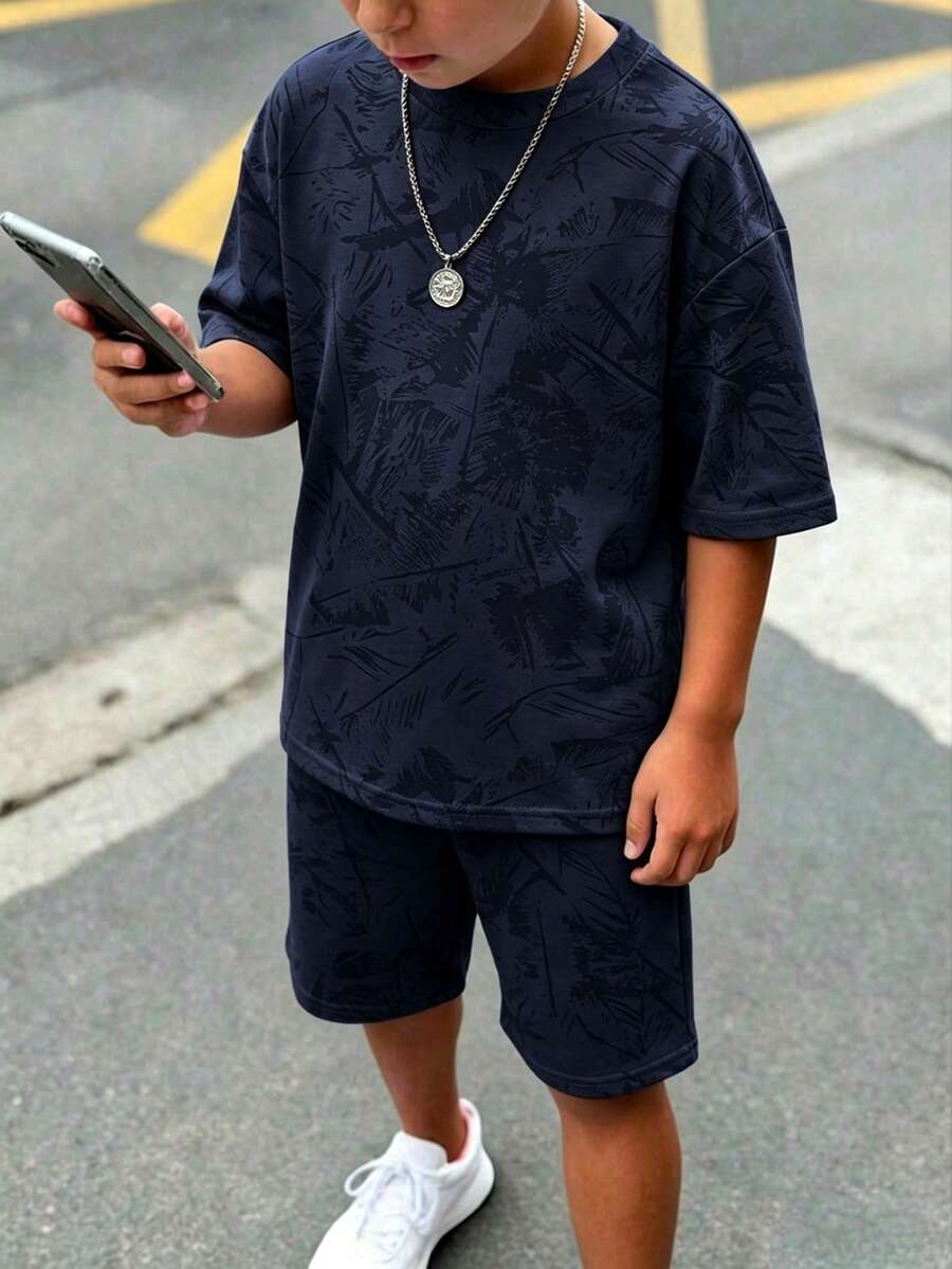 青少年男孩休閒極簡短袖圓領T恤與短褲套裝,適合夏季 - 彩色 - 查看 1