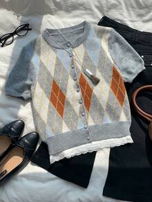 Comfortcana Plus Size Vintage Fashion Argyle Jacquard Single-Breasted Short Sleeve Knit Cardigan Fall - Multicolor - View 5