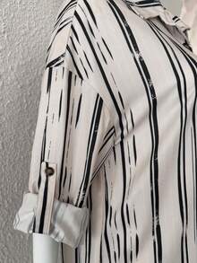 SHEIN LUNE Women's New Autumn Beige Base Asymmetrical Black Vertical Striped Shirt, Turn-Down Collar, Button-Up, Roll-Up Sleeves, Loose Long Over-The-Knee Shirt Dress - Multicolor - View 7