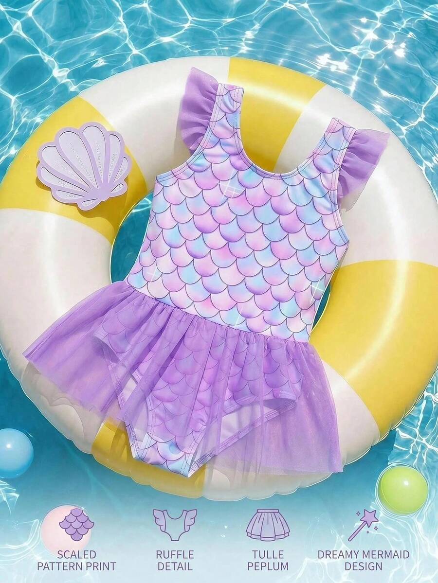 SHEIN 女嬰海灘泳裝，適合夏季，適合游泳，可愛紫色魚鱗聚酯纖維印花泳衣，適合夏季時尚多彩可愛休閒泳裝 - 彩色 - 查看 1