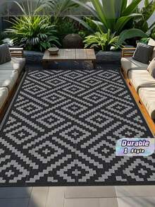 1pc 5'x8' Outdoor Rug For Patio , Waterproof Mat, Double-Sided Plastic Camping Rug, RV, Porch, Deck, Campers, Balcony, Backyard, Black And Gray - A - View 1