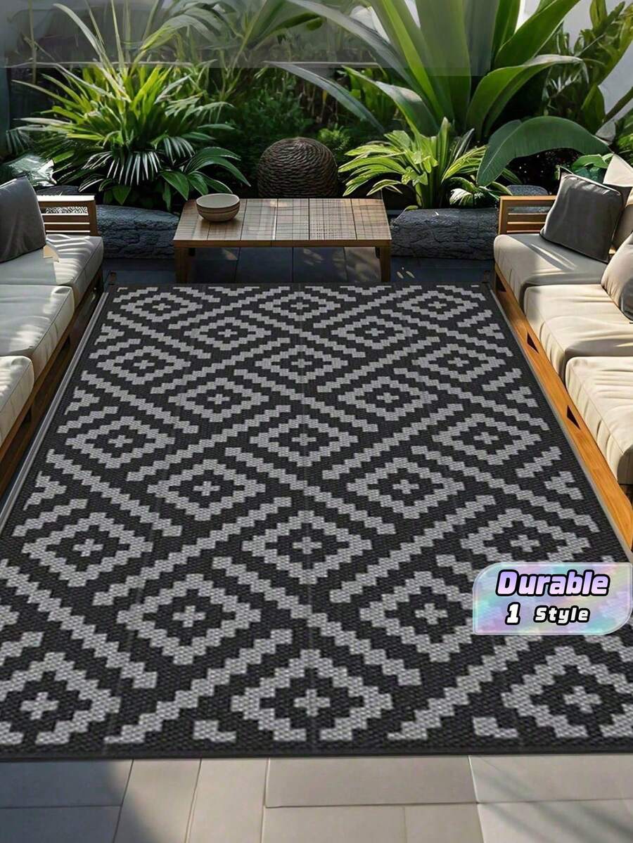 1pc 5'x8' Outdoor Rug For Patio , Waterproof Mat, Double-Sided Plastic Camping Rug, RV, Porch, Deck, Campers, Balcony, Backyard, Black And Gray - A - View 1