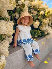 SHEIN Vintaside Kids 鄉村風彼得潘領幼兒女童套裝，時尚刺繡下擺無袖上衣與長褲 2 件套 - 白色 - 查看 11