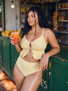 Swim Vcay 2026 New Summer Sweet Design Polka Dot Ruffle Casual Vacation Women Plus Size Swimwear Set - Yellow - View 8