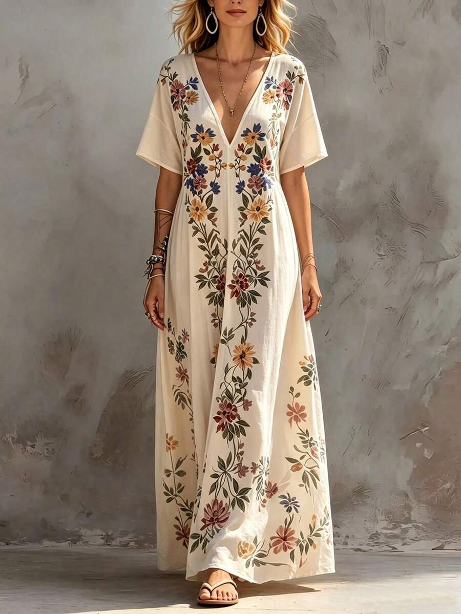 SHEIN Holidaya 時尚高端V領印花短袖性感女裝洋裝,女款春夏洋裝,度假、外出、Y2K、春季、夏季、返校季、休閒、沙灘、商務、百搭,杏色女裝洋裝 - 米色 - 查看 1