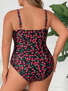 SHEIN CURVE+ Plus Size Cherry Print One-Piece Swimsuit Vacation Going Out Party Black Summer Sexy Tropical - Multicolor - View 2