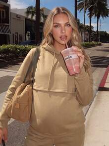SHEIN Maternity Solid Color Long Sleeve Casual Drawstring Hooded Nursing Sweatshirt Winter - Camel - View 2