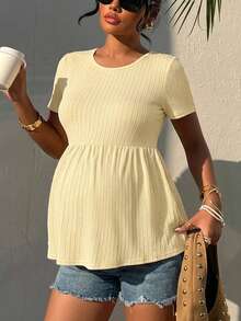 SHEIN Maternity Round Neck Short Sleeve Solid Color Textured High Waist Ruffle Hem T-Shirt - Yellow - View 3