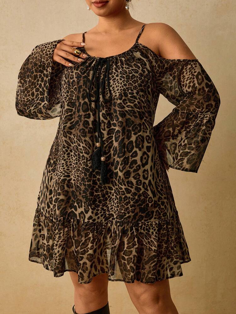 Travachic Plus Size Women's Leopard Print Front Tie Open Shoulder Long Sleeve Fashion Dress Rave Party Chocolate Brown Autumn Boho Sexy 70's - Brown - View 4