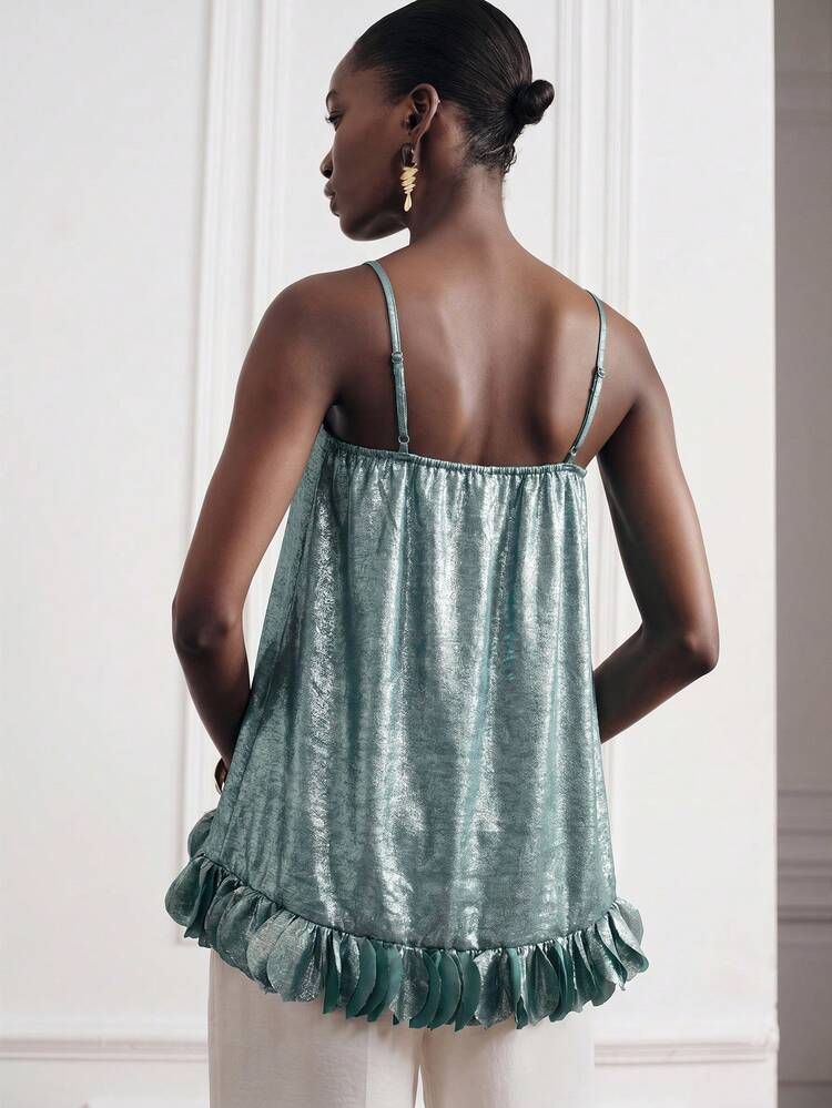 Aveloria Modichic Women's Top Loose A-Line Metallic Luster Spaghetti Strap Petal Ruffle Hem Elegant Sexy Party Night Out Cocktail Date Light Teal Solid New Year Summer - Blue - View 3