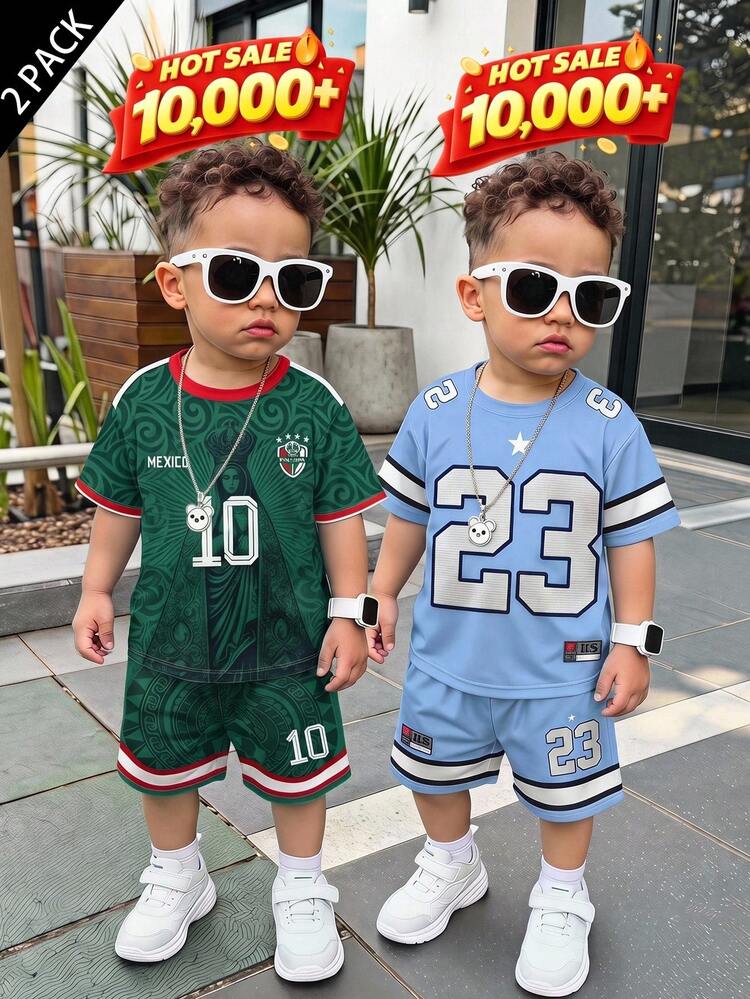 Baby Boy Casual World Cup Soccer Mexico Jersey Number Striped Print T-Shirt And Shorts 2-Piece Set Suitable For Summer Outdoor Sports - Multicolor - View 1