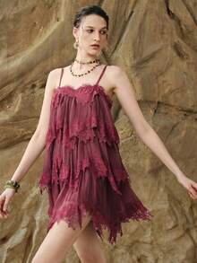Arave Women's Solid Color Lace Patchwork Multi-Layer Spaghetti Strap Mid-Length Dress - Burgundy - View 8