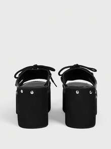 Sugerpunk Women Heeled Sandals Black Muffin Thick-Soled Outer Wear New Rivets Slip-On Wedge Heel Thick-Soled Thick-Heeled Sandals - Black - View 7