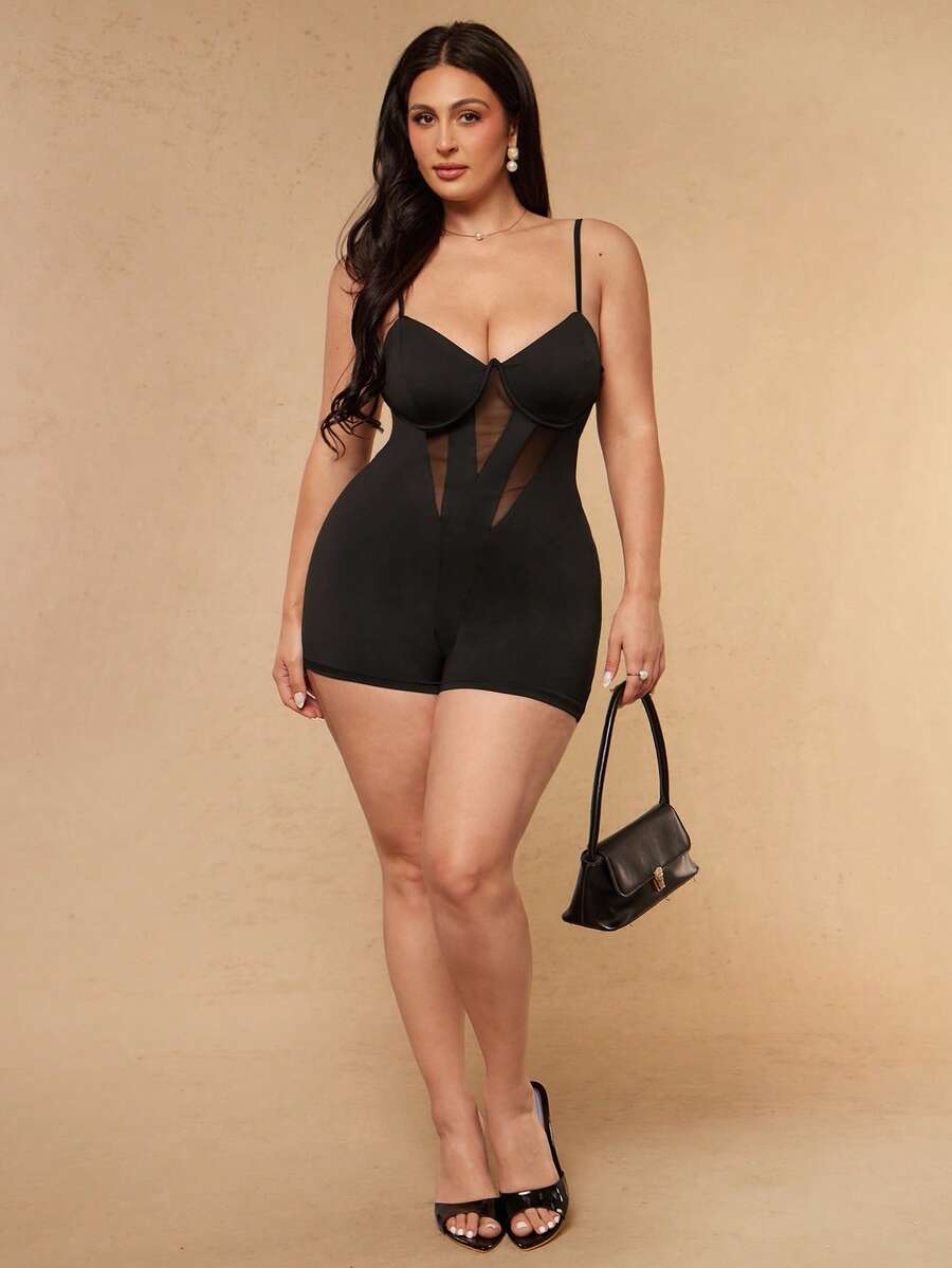 SHEIN BAE CURVE Plus Size Women's Black Cup Strap Short Jumpsuit - Black - View 1