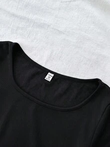 SHEIN 青少年女孩純色針織圓領休閒修身T恤 - 黑色 - 查看 4