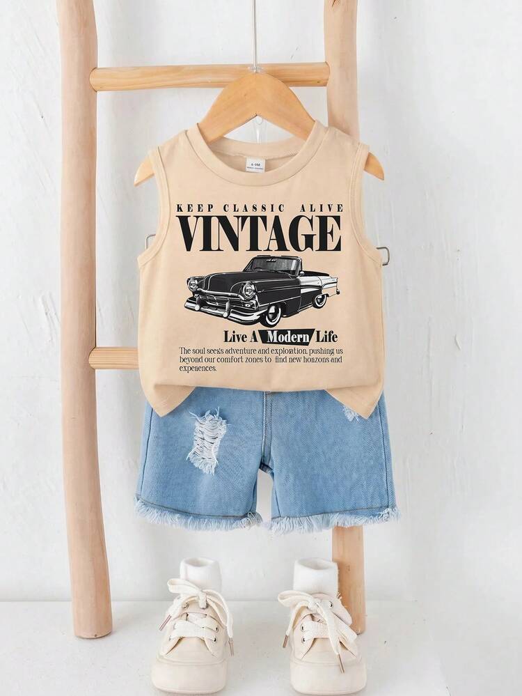 SHEIN 2pcs Baby Boy Summer Casual Street Chic Car Graphic Tank Top And Denim Shorts Set - Multicolor - View 7