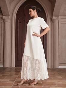 Graceveil Women's Solid Color Round Neck Short Sleeve Lace Hem Elegant Long Dress - White - View 3