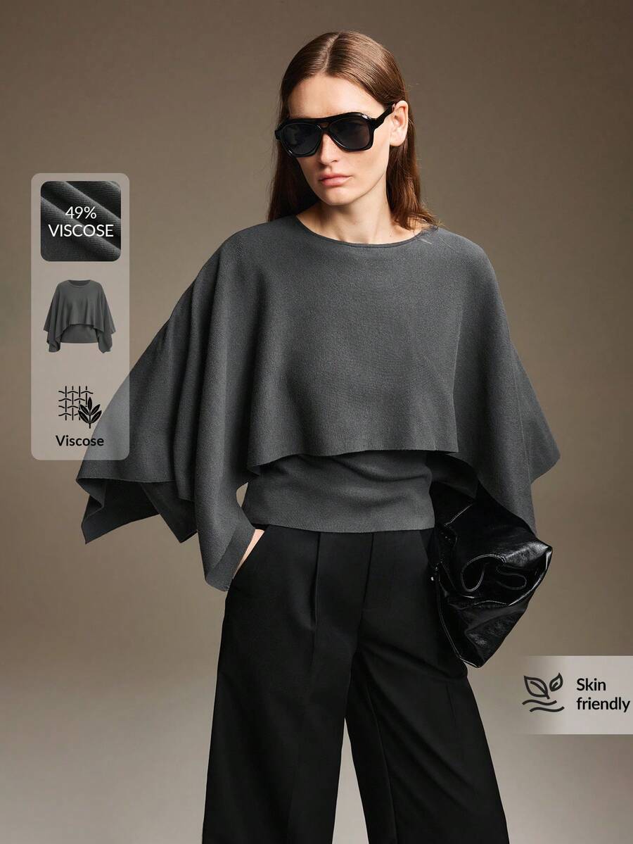 Ontre Women's Autumn/Winter Fashion Elegant Shawl Sweater Modern Urban Fashion Business Casual Office Wear, Low-Key Old Money Style Elegant Commuter - Black - View 1