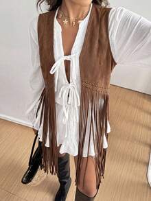 Brillora Studded Detail Fringe Hem Vest Coat In Fall/Winter - Coffee Brown - View 8