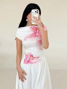 Yasmeen Edit Yasmeen Edit Women's Elegant Off Shoulder Floral Print Vacation Dress White Summer - White - View 1
